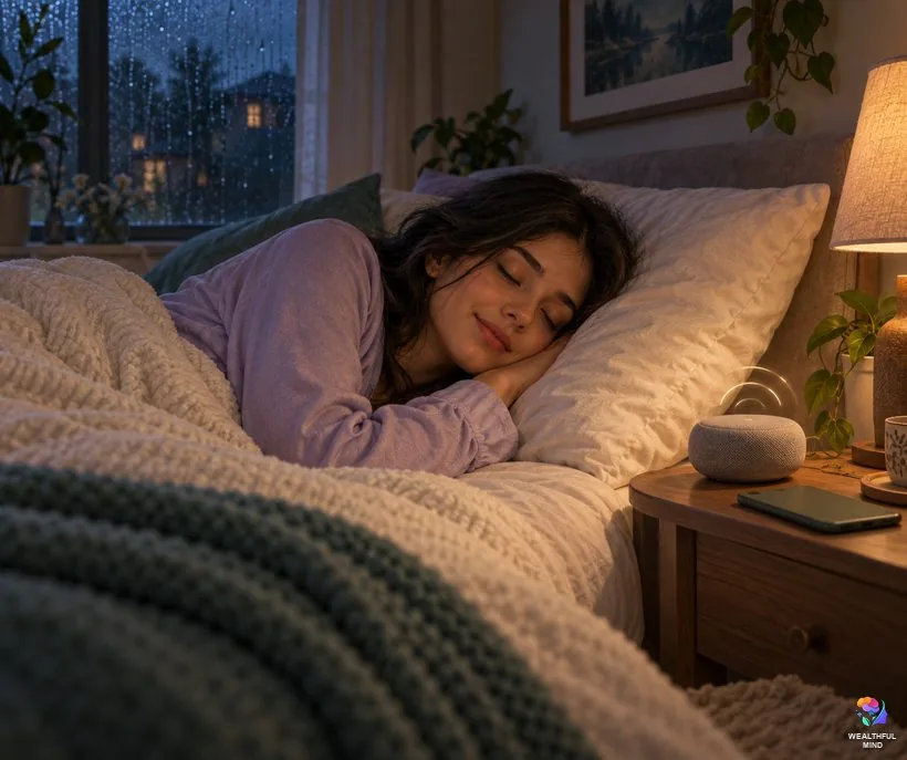 How to use subliminals for shifting: a young woman falling asleep as a small bedside speaker plays softly
