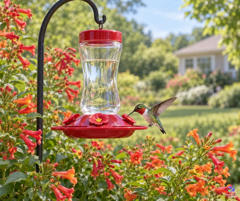 How to welcome hummingbirds safely: a clean feeder with clear sugar water among red flowers, away from windows