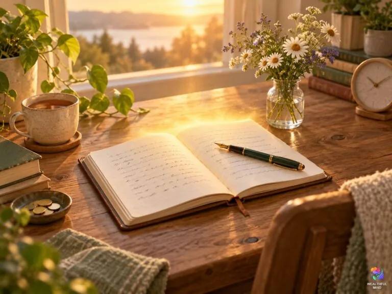 How to write manifestations: an open notebook with a pen and wildflowers glowing in golden light