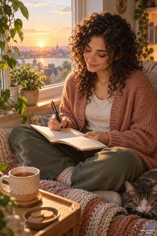 How to write manifestations: a young woman writing her manifestations in a notebook on a sunny window seat