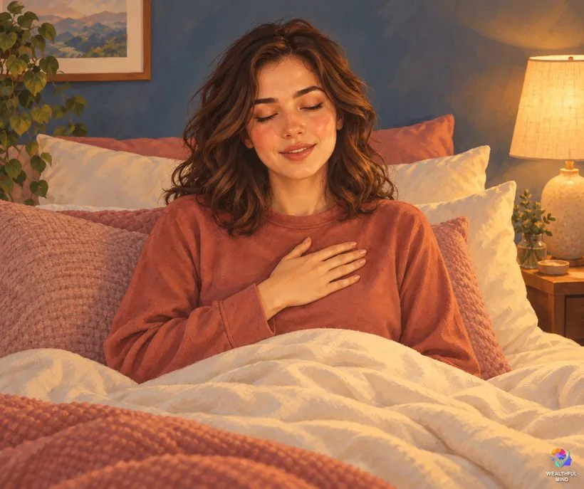 Hug method shifting for non-visualizers: a young woman in bed with her eyes closed, quietly describing her DR hug out loud