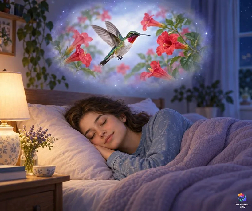 Hummingbird dream meaning: a young woman sleeping peacefully while a dreamy hummingbird glows above her