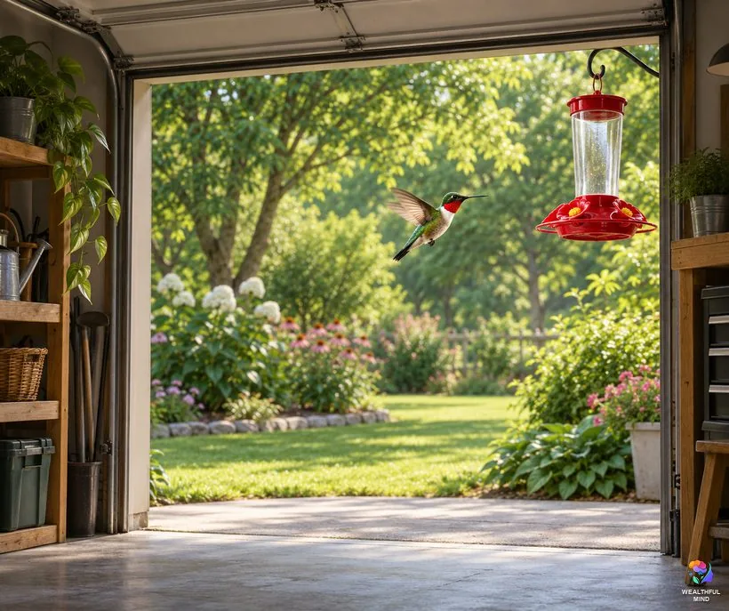 Hummingbird in your house or garage: a ruby-throated hummingbird flying out an open garage door toward a feeder