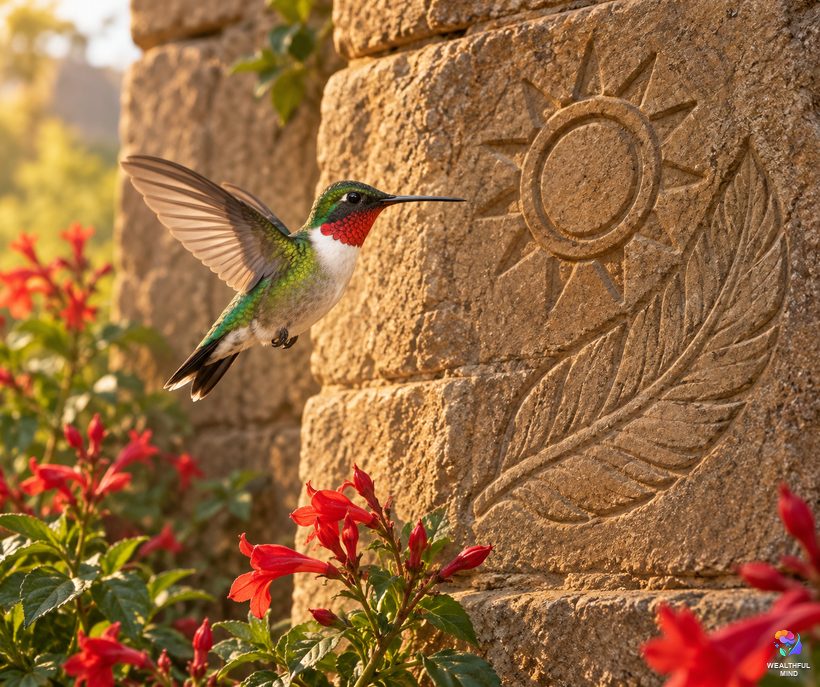 Hummingbird meaning in different cultures: a ruby-throated hummingbird before a carved stone with a feather and sun pattern