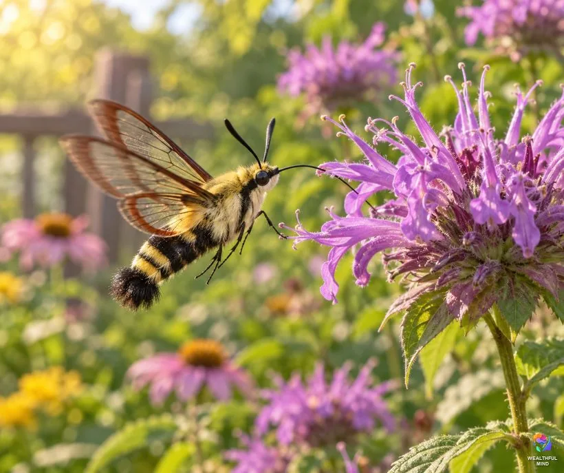 Hummingbird moth meaning: a furry yellow and black hummingbird moth hovering at purple flowers in sunshine