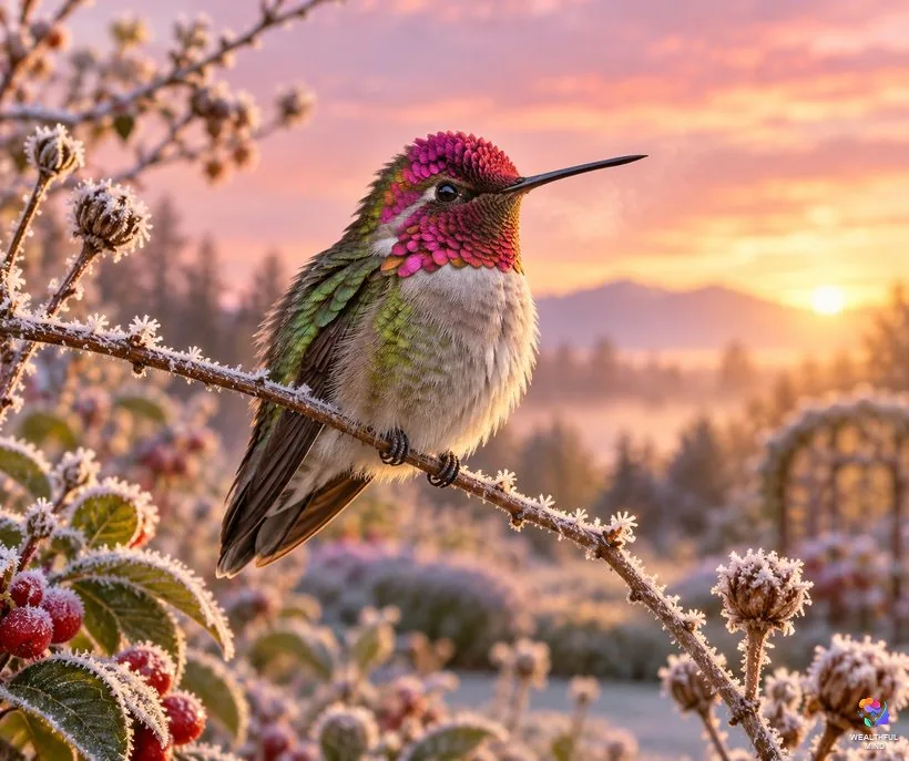 Hummingbird resurrection bird: an Anna's hummingbird waking on a twig as dawn sunlight warms a frosty garden
