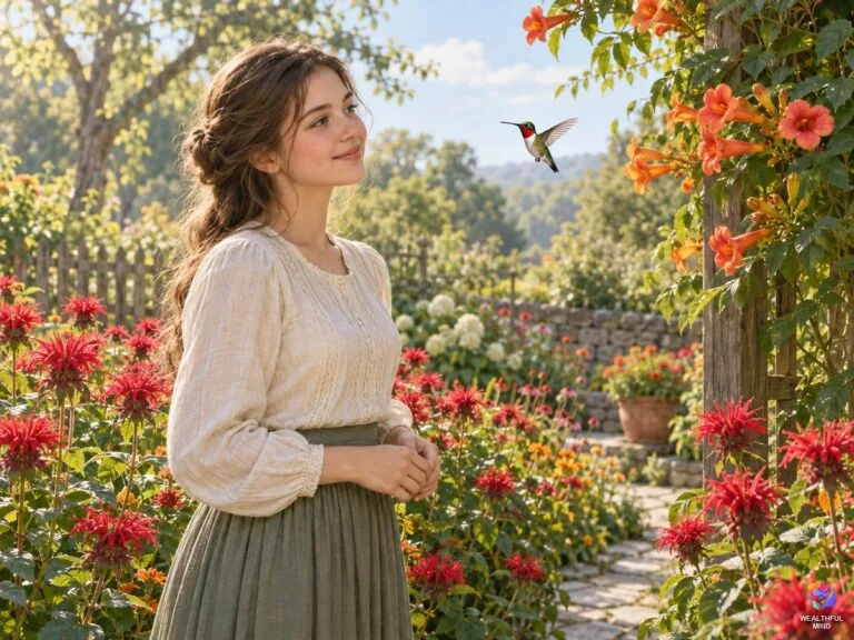 Hummingbird spiritual meaning: a young woman smiling at a ruby-throated hummingbird hovering in a sunny garden