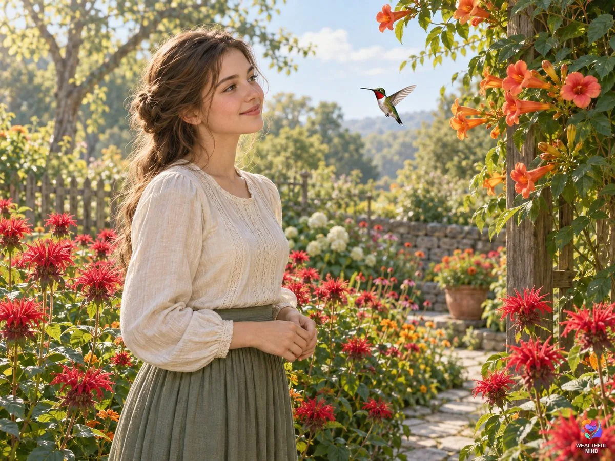 Hummingbird spiritual meaning: a young woman smiling at a ruby-throated hummingbird hovering in a sunny garden