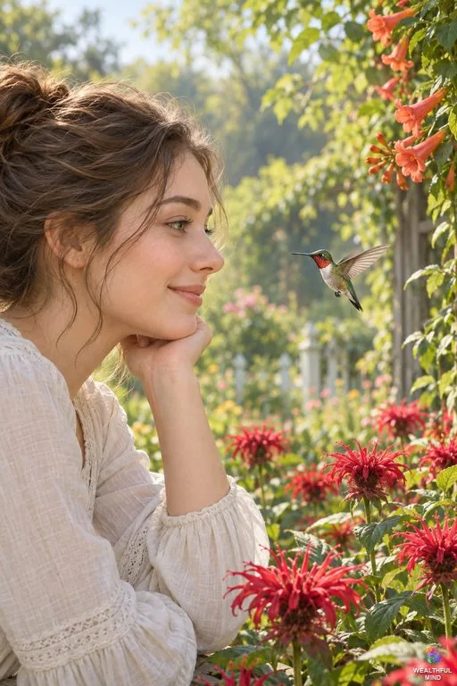 Hummingbird spiritual meaning: a ruby-throated hummingbird hovering in front of a smiling young woman in a summer garden
