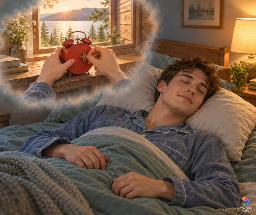 How to do the imagined alarm method: a young man in bed picturing his DR self winding an alarm clock