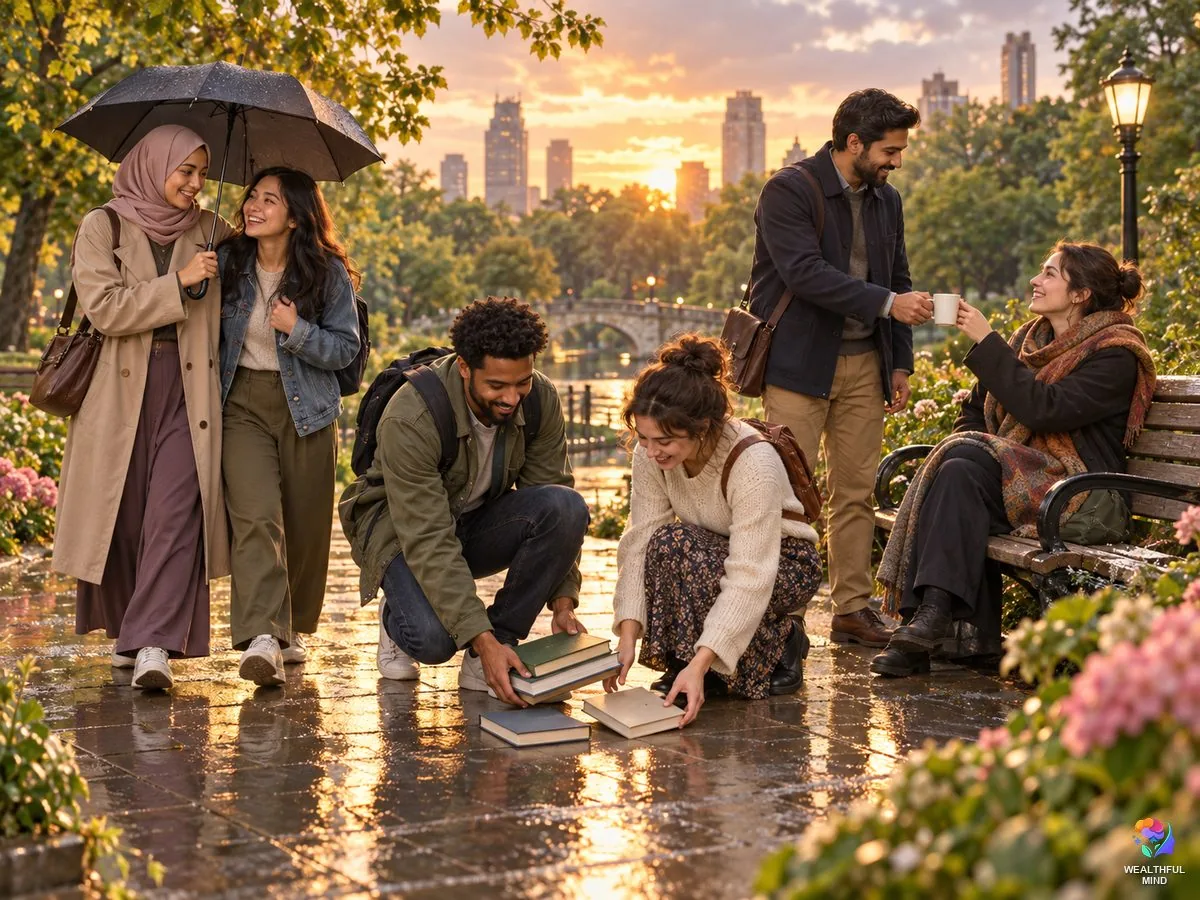 The importance of kindness: young adults sharing an umbrella, helping with dropped books and offering tea in a park