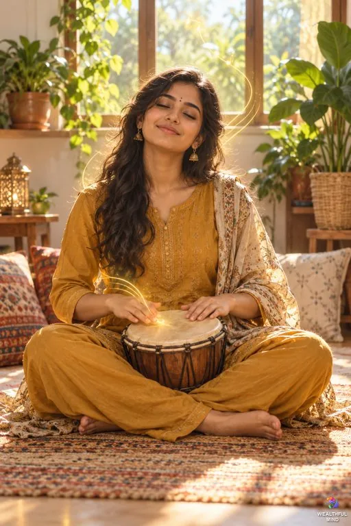 Innate ability: a young woman tapping a rhythm on a small drum by ear, a soft glow around her hands
