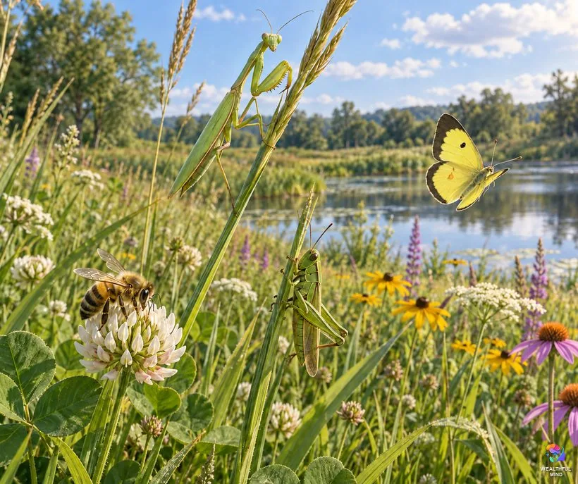 Insect meanings at a glance: a honey bee, a grasshopper, a praying mantis and a yellow butterfly in a summer meadow