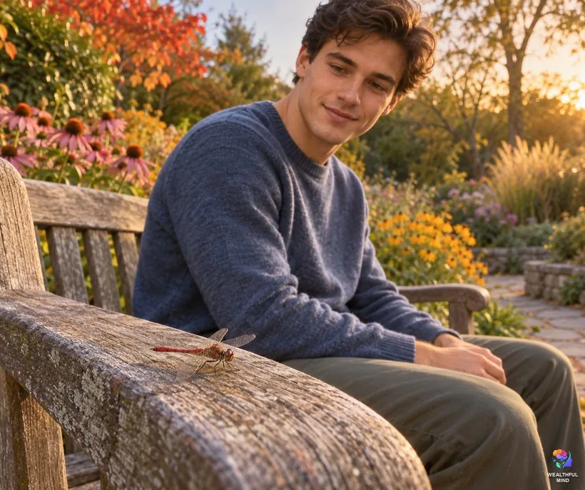 Insects after a death: a red meadowhawk dragonfly perched on a garden bench beside a young man who smiles softly