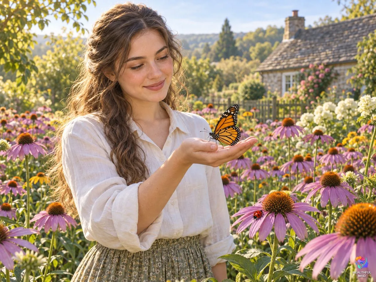 Insect spiritual meaning: a young woman holding a monarch butterfly on her palm in a garden of coneflowers
