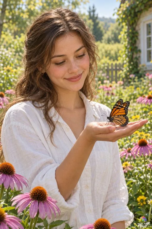 Insect spiritual meaning: a monarch butterfly resting on a young woman's open palm in a sunny cottage garden