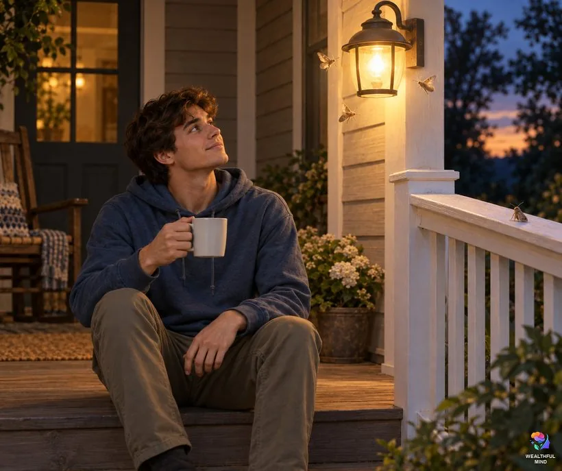 Insect sign or ordinary behavior: small brown moths circling a porch lamp at dusk as a young man watches calmly