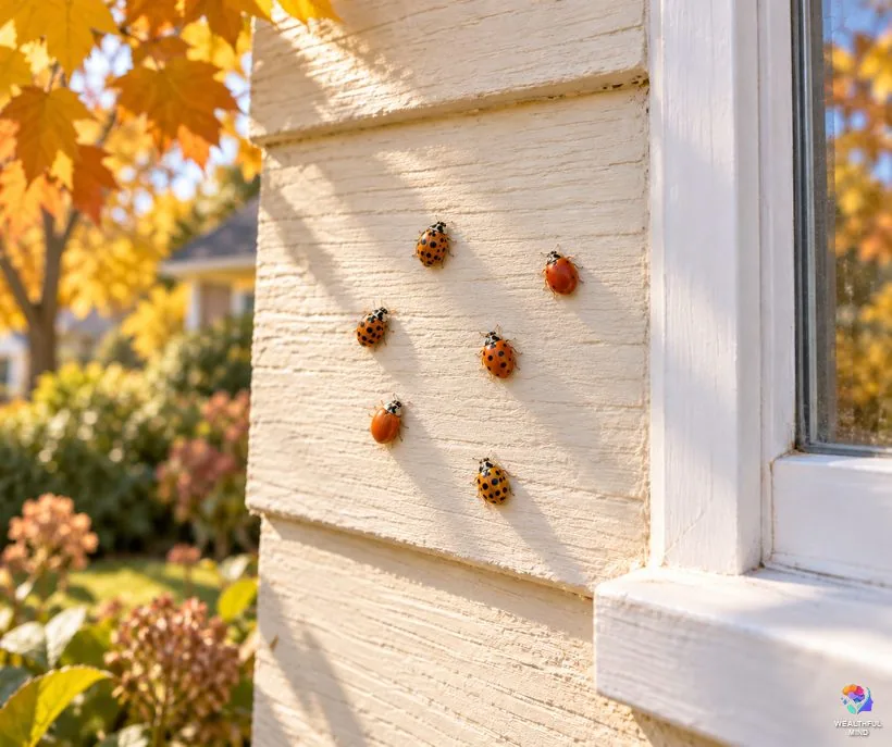 Insects in your house: Asian lady beetles warming on a sunny outside wall beside a window in fall