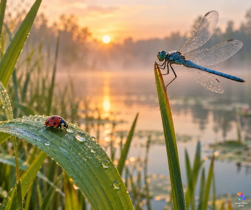 Insects as signs: a dragonfly over a pond and a ladybug on a leaf