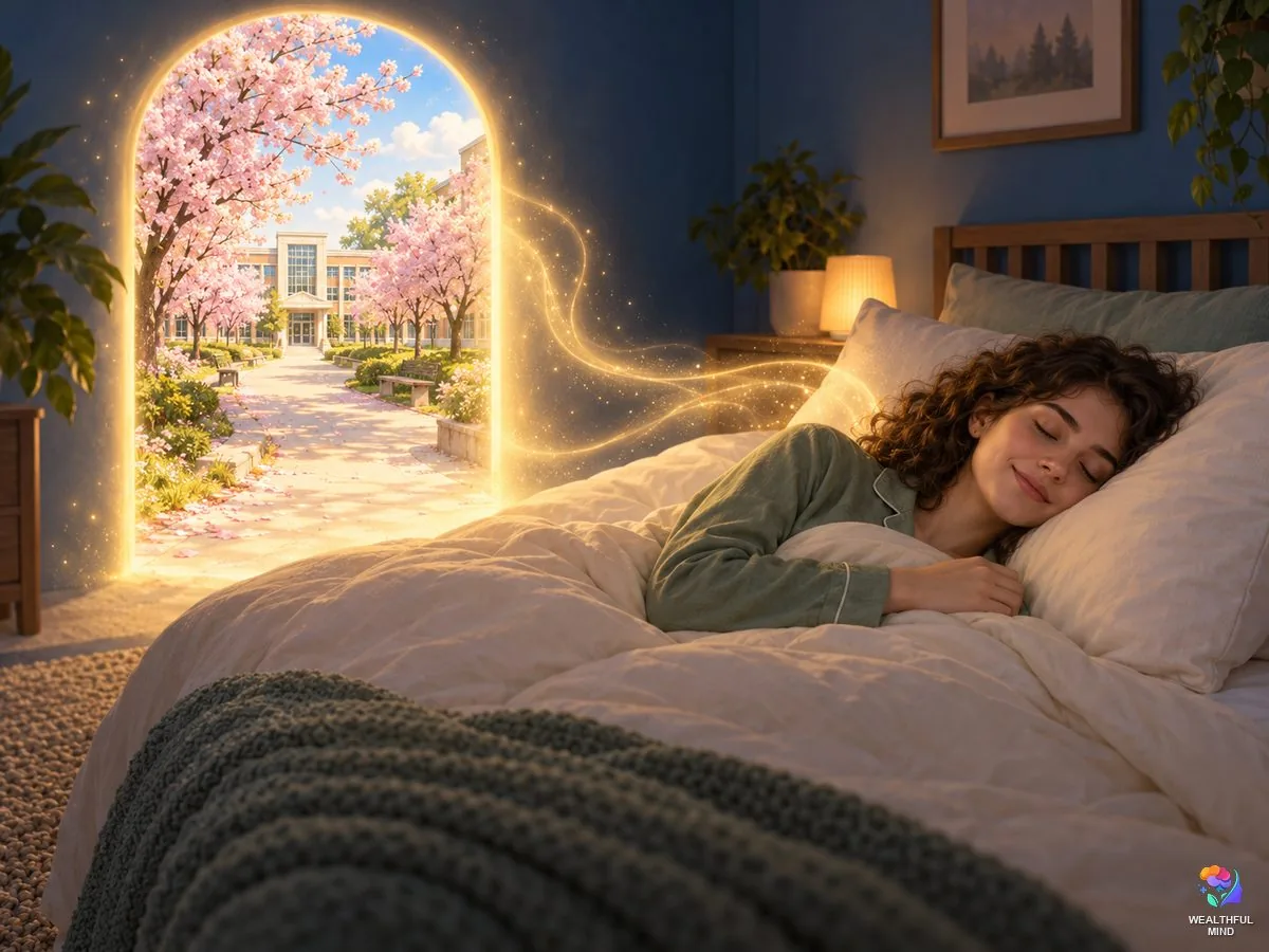Intention method shifting: a young woman asleep as a path of light opens onto her desired reality
