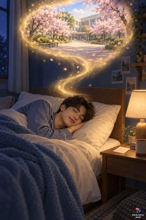 Intention method shifting: a young man setting his intention in bed as a soft glow drifts toward his desired reality