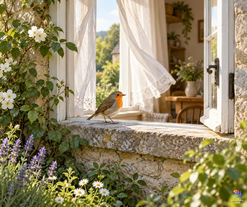 Is a dead bird a bad omen: a living robin resting on the sill of an open sunlit window