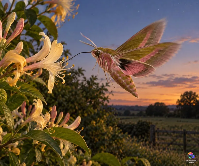 Is a moth good luck: a pink and olive elephant hawk-moth feeding at honeysuckle flowers at dusk