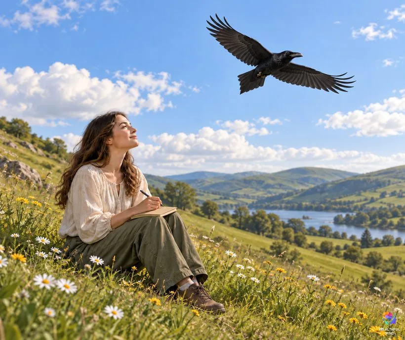 Is a raven a sign for you: a young woman with a notebook on a hillside watching a raven glide overhead