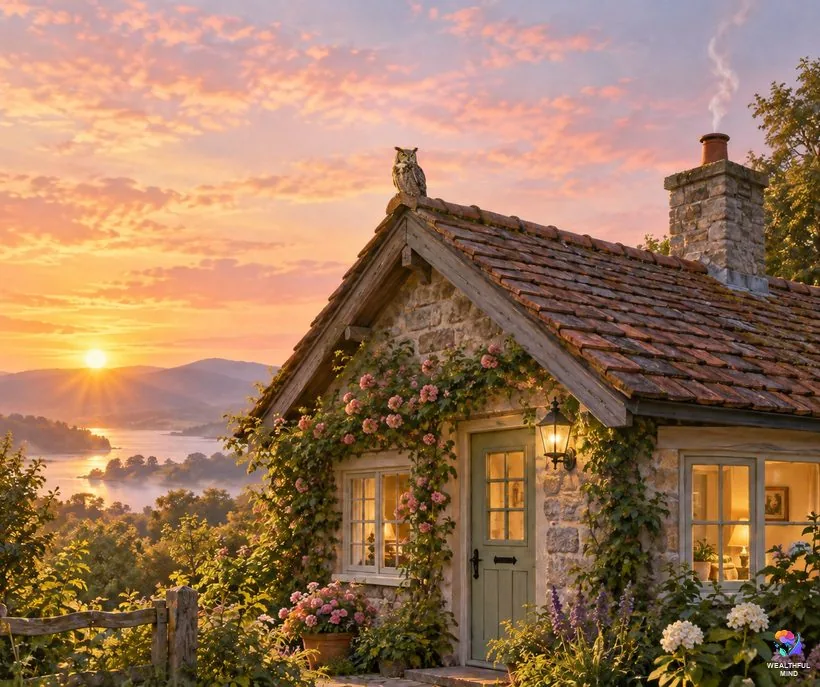 Is an owl a sign of death: a great horned owl resting calmly on a cottage roof at a pink sunrise