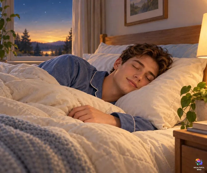 Is dreamless sleep like death: a young man sleeping deeply and calmly as the night sky outside turns gold