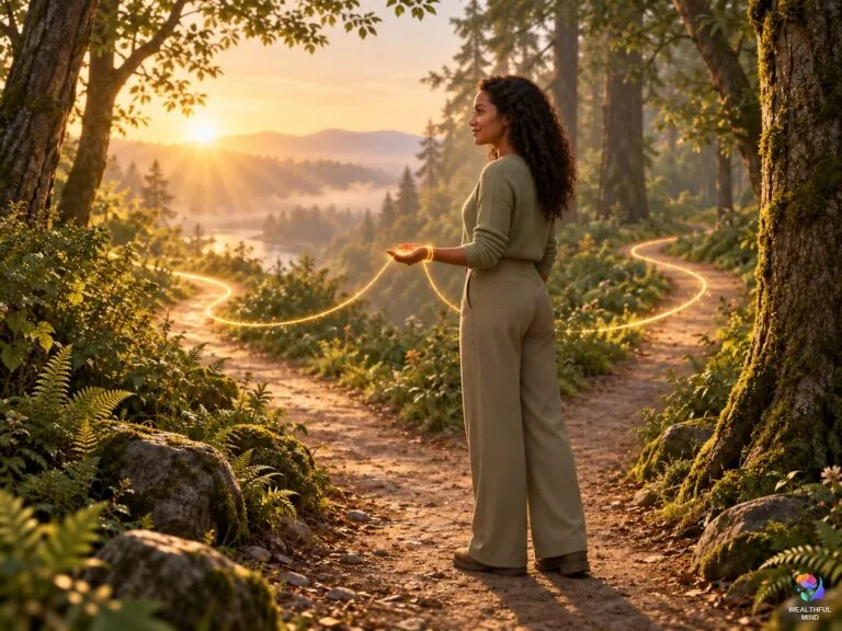 Is fate real: a young woman at a forest crossroads at sunrise holding a glowing golden thread