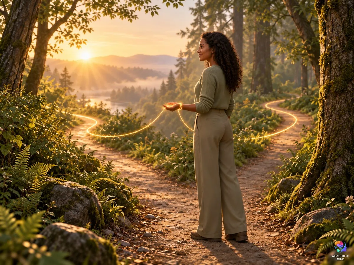 Is fate real: a young woman at a forest crossroads at sunrise holding a glowing golden thread