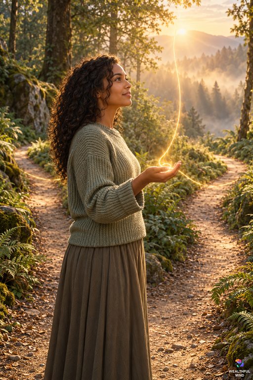 Is fate real: a young woman at a fork in a forest path at sunrise with a golden thread of fate in her open hand