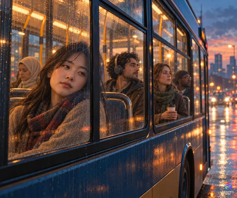 Is it normal to feel like life sucks: tired young commuters lost in thought by the windows of an evening bus