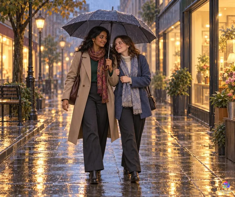 Is it weak to stop being strong: one friend holding an umbrella over another on a rainy street