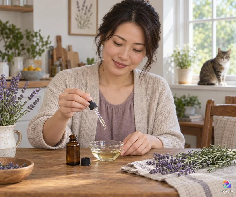 Using lavender safely: diluting lavender oil in a carrier oil while the cat stays at a distance