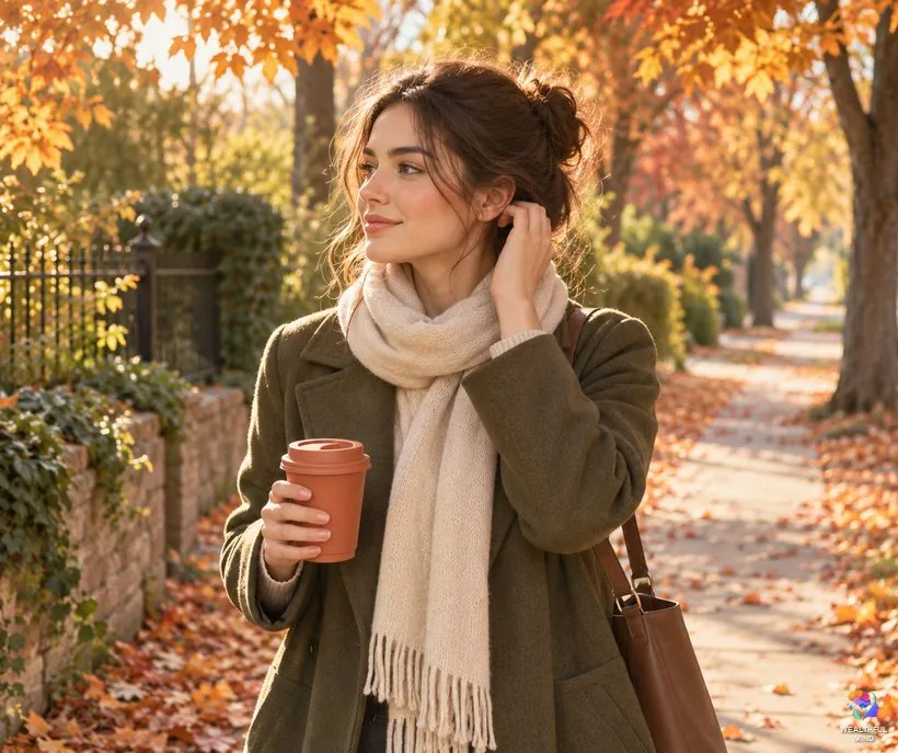 Is left ear ringing a warning: a young woman pausing on a sunny autumn sidewalk, hand at her left ear, calm and thoughtful