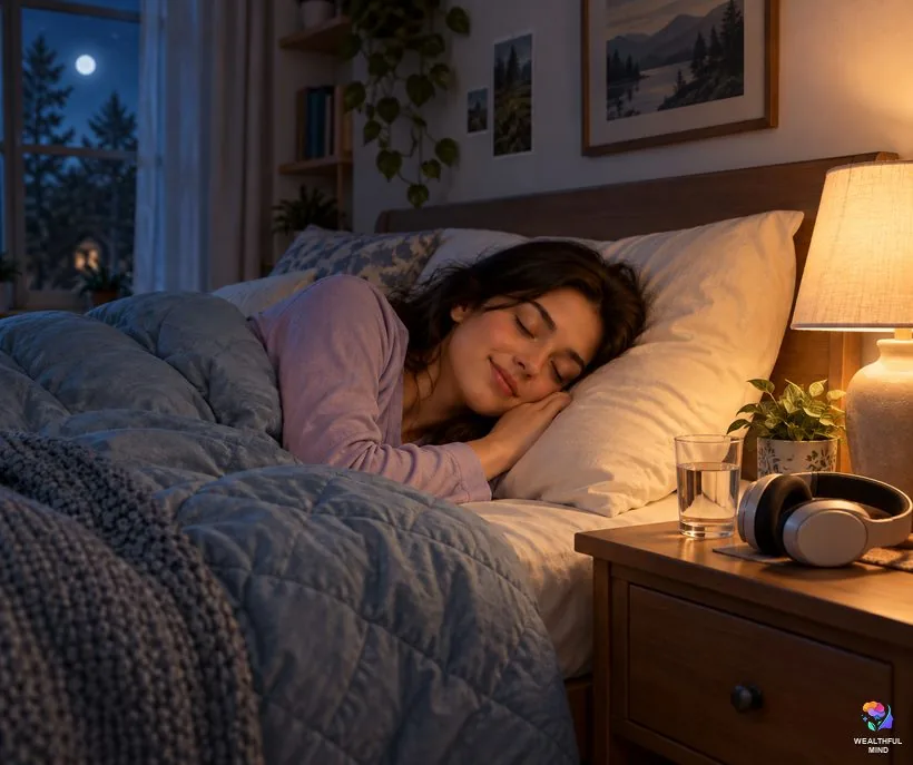 Is the Estelle method safe: a young woman sleeping on her side with her headphones set aside on the nightstand