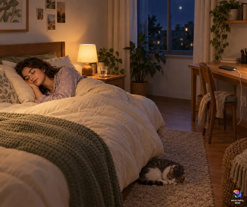 Is the falling method safe: a young woman sleeping peacefully on her side with her phone charging across the room