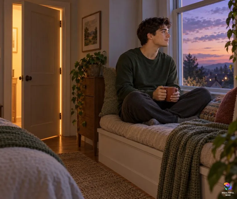 Is the falling method still worth trying: a young man on a window seat at dusk beside a softly lit open door
