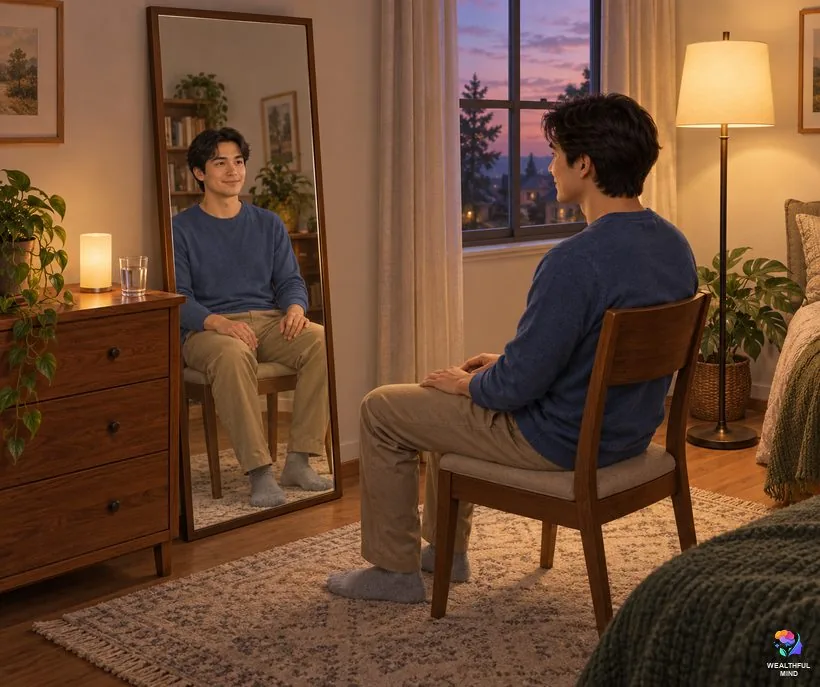 Is the mirror method safe: a young man doing the mirror method by lamp light with a battery candle instead of a real flame