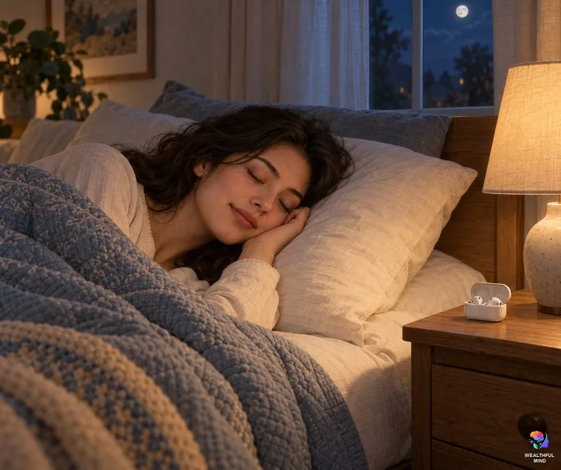 Is the piano method safe: a young woman sleeping on her side with her earbuds put away on the nightstand