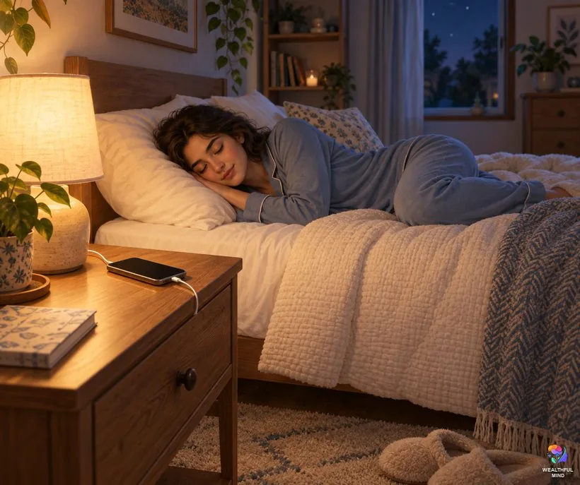 Is the pillow method safe: a young woman sleeping on her side while her phone charges on the nightstand, away from the bed