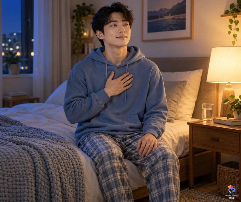 Is the raven method safe: a young man sitting up calmly on his bed, breathing slowly by lamp light