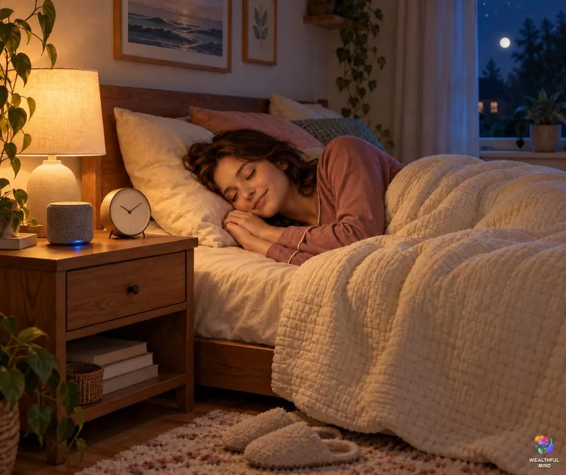 Is the Sunni method safe: a young woman sleeping on her side while quiet wave sounds play beside her bed