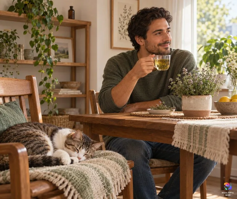 Is thyme safe: a young man with a cup of thyme tea and a thyme plant while his cat sleeps nearby