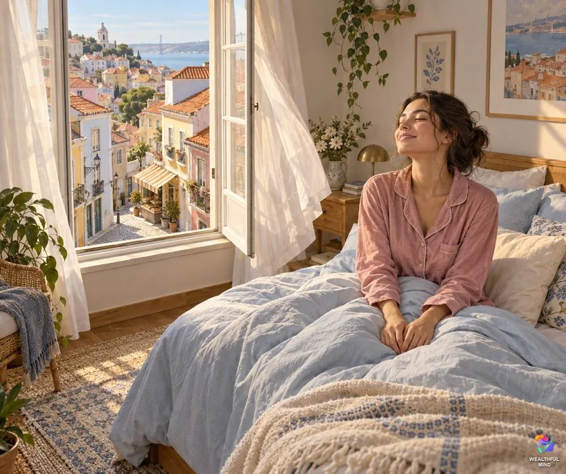 A Julia method example: a young woman waking in a sunny apartment above a bakery, looking over orange rooftops