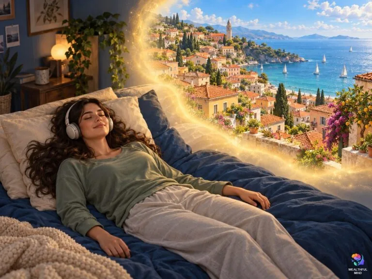 Julia method shifting: a young woman with headphones lying calmly as a path of light opens onto her desired reality