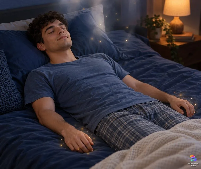Julia method shifting symptoms: a young man lying relaxed as soft light suggests tingling and floating sensations