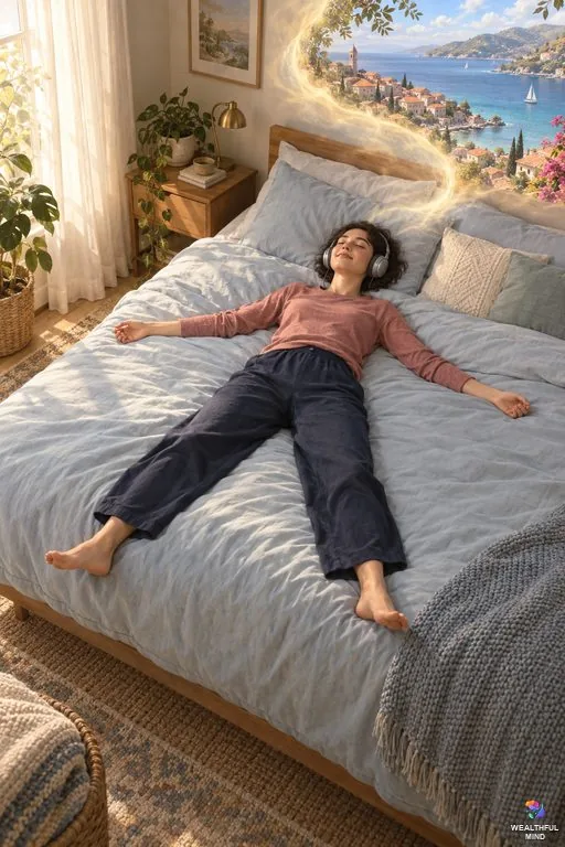 Julia method shifting: a young woman lying in the starfish position with headphones, a glow opening onto her desired reality